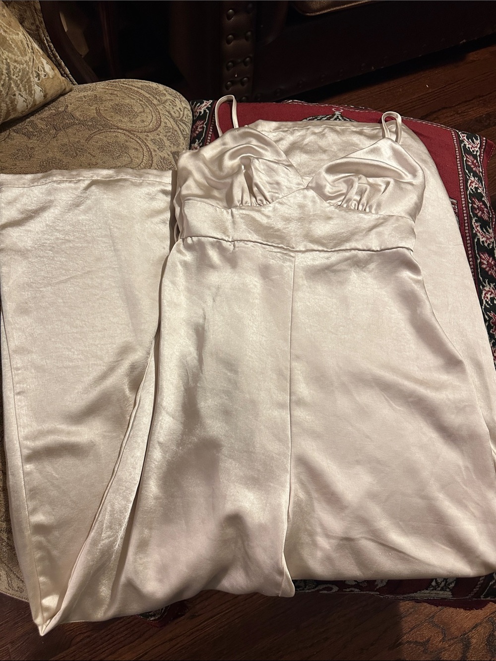Satin Ivory jumpsuit with Spaghetti Straps